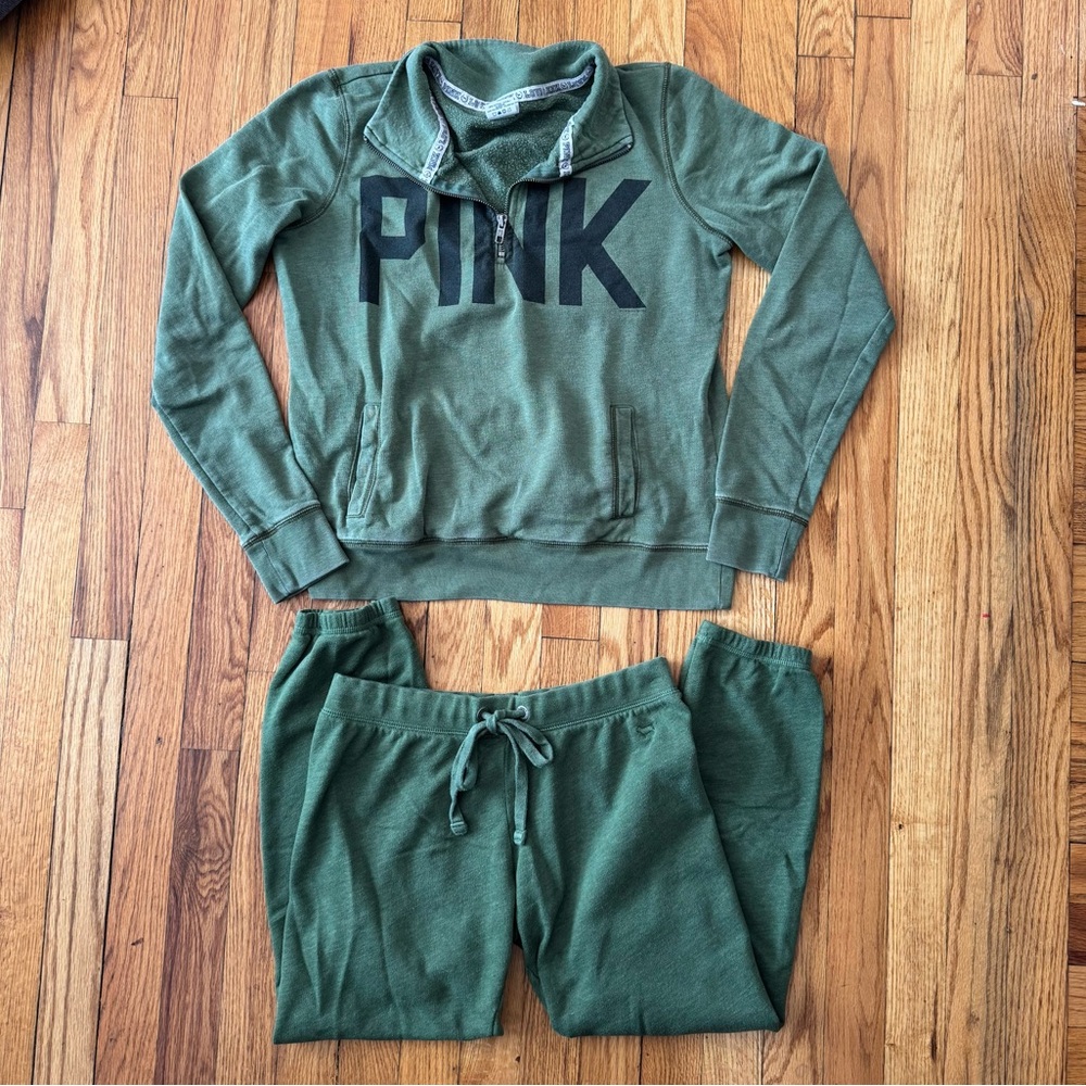 PINK Fleece Sweatshirt & Crop Sweatpants VS  Victoria’s Secret Olive Green S/XS